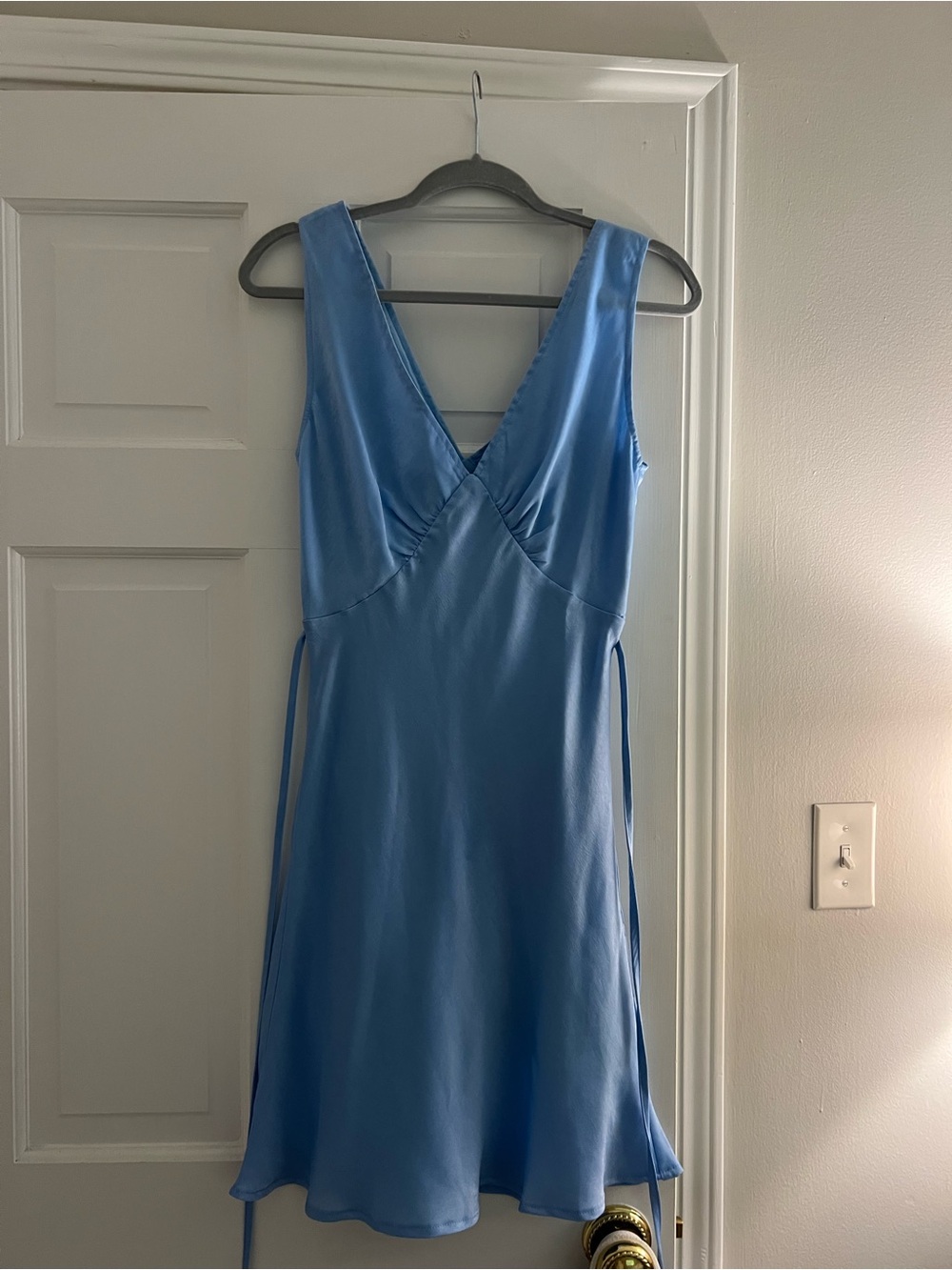 Light Blue Satin V-Neck mini Dress peppermayo